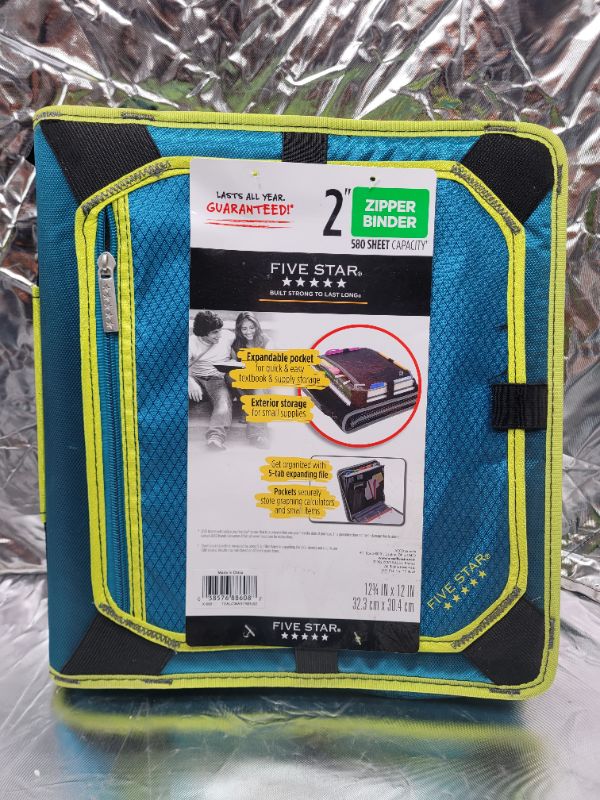Photo 2 of Five Star 2 Inch Zipper Binder, 3 Ring Binder, Expansion Panel, Durable, Teal/Chartreuse