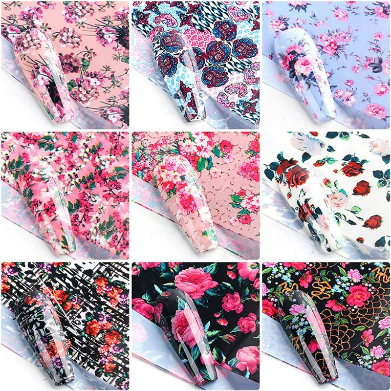 Photo 2 of (2 pack) Retro Flower Nail Art Foil Transfer Stickers, Nail Art Stickers Foil Transfers Decals Holographic Rose Flowers Starry Sky Design for Nails Supply Floral Manicure Tips Wraps Nail Art Decorations 10pcs