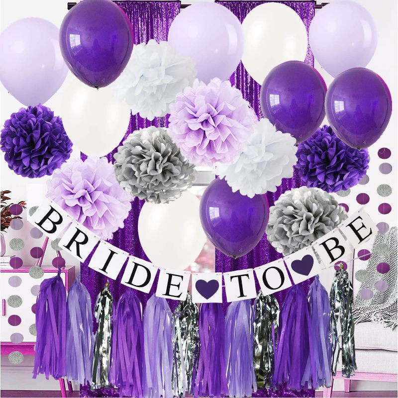 Photo 1 of Purple Bridal Shower Decorations Bachelorette Party Decorations Purple Silver White Tissue Pom Pom Bride To Be Banner Purple White Balloons for Engagement Party /Wedding Shower /Hen Party