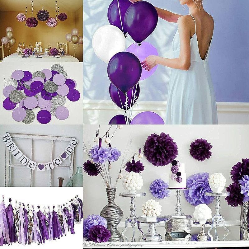 Photo 2 of Purple Bridal Shower Decorations Bachelorette Party Decorations Purple Silver White Tissue Pom Pom Bride To Be Banner Purple White Balloons for Engagement Party /Wedding Shower /Hen Party