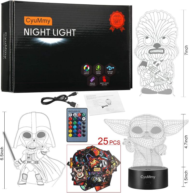 Photo 2 of 3D Illusion Star Wars Night Light for Kids - 3 Pattern and 16 Color Change Decor Lamp - Star Wars Toys & Gifts for Boys Girls and Star Wars Fans