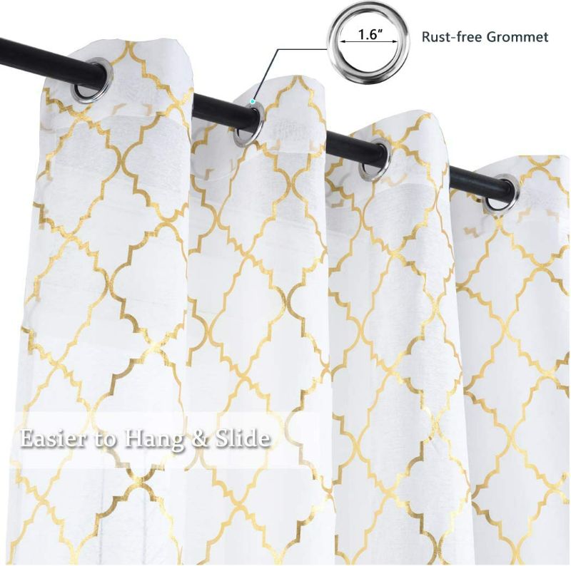 Photo 2 of Kotile White Sheer Window Curtains Set of 2 Panels - Gold Moroccan Tile Lattice Pattern Drapes for Living Room, 52 x 95 Inch