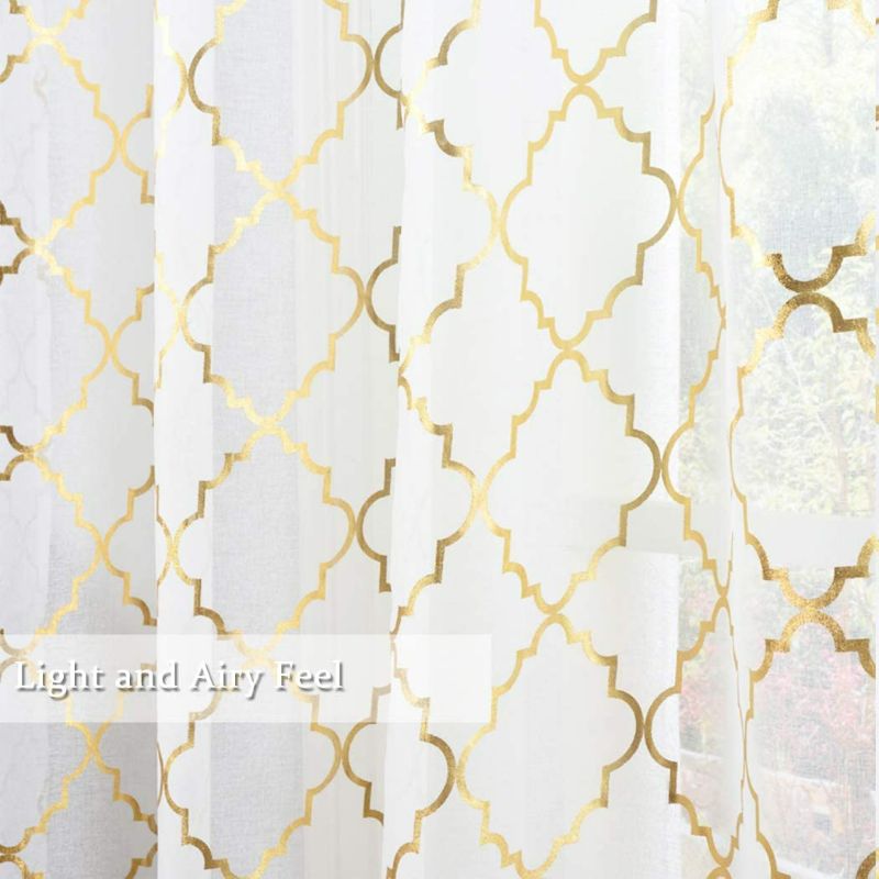 Photo 3 of Kotile White Sheer Window Curtains Set of 2 Panels - Gold Moroccan Tile Lattice Pattern Drapes for Living Room, 52 x 95 Inch