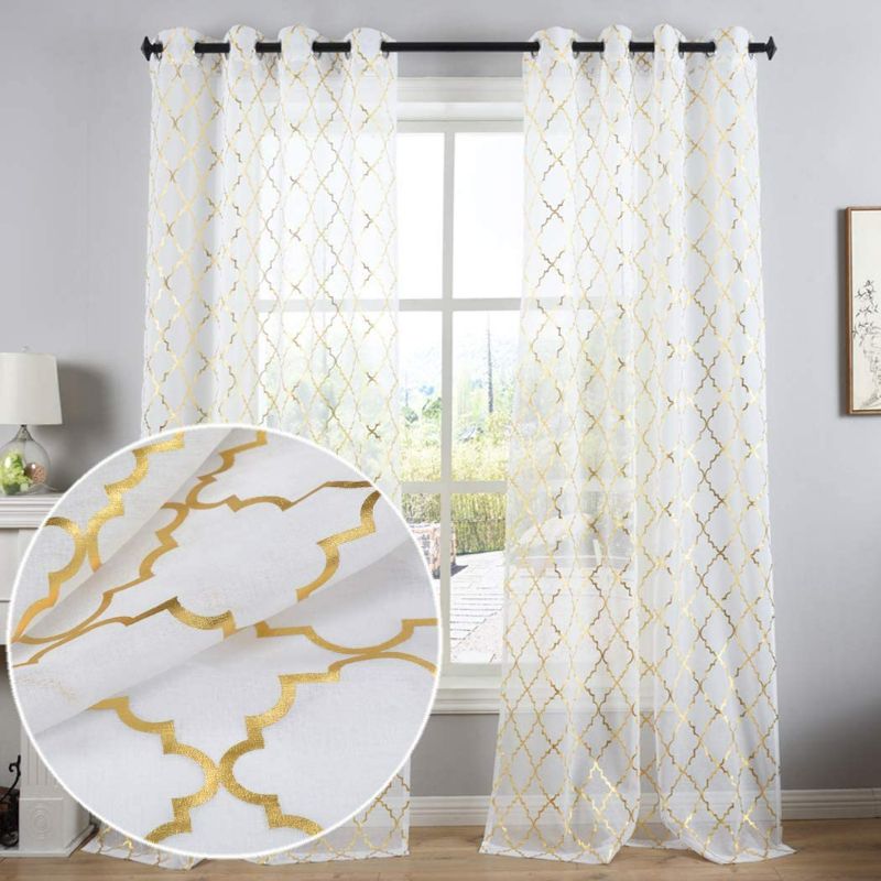 Photo 1 of Kotile White Sheer Window Curtains Set of 2 Panels - Gold Moroccan Tile Lattice Pattern Drapes for Living Room, 52 x 95 Inch