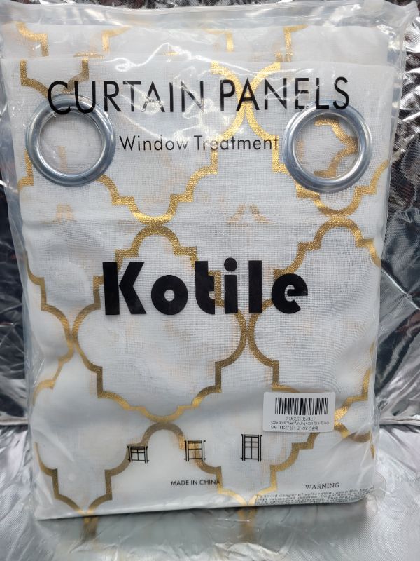 Photo 5 of Kotile White Sheer Window Curtains Set of 2 Panels - Gold Moroccan Tile Lattice Pattern Drapes for Living Room, 52 x 95 Inch