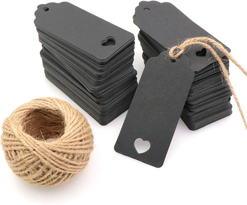 Photo 1 of Waycreat 200pcs Black Kraft Gift Tags Labels Price Tags with Natural Jute Twine Rectangle Paper Hang Tags with String for Wedding or Christmas