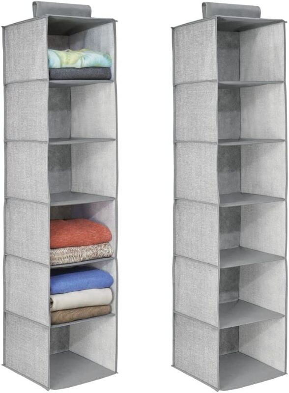 Photo 1 of mDesign Long Soft Fabric Over Closet Rod Hanging Storage Organizer with 6 Shelves for Clothes, Leggings, Lingerie, T Shirts - Textured Print with Solid Trim - 2 Pack - Gray