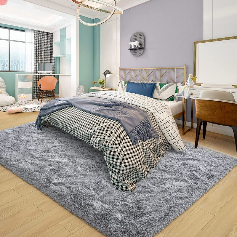 Photo 2 of Ultra Soft Grey Rugs for Bedroom 5x8 Feet, Fluffy Shag Area Rugs for Living Room, Large Comfy Furry Rug for Boys Kids Baby Room Decor, Non Slip Nursery Rug Modern Indoor Fuzzy Floor Carpet