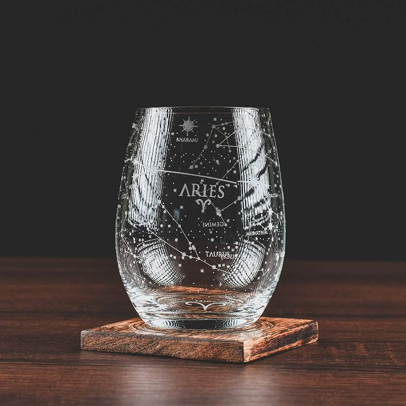Photo 2 of Greenline Goods Aries Stemless Wine Glass Etched Zodiac Aries Gift 15 oz (Single Glass) - Astrology Sign Constellation Tumbler