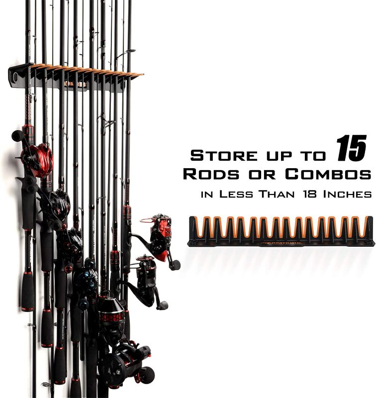 Photo 1 of KastKing Patented V15 Vertical Fishing Rod Holder – Wall Mounted Fishing Rod Rack, Store 15 Rods or Fishing Rod Combos in 18 Inches, Great Fishing Pole Holder and Rack