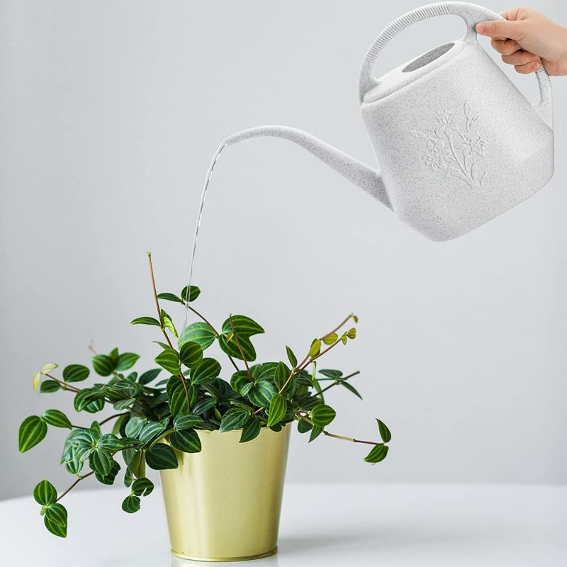 Photo 2 of 1-Gallon Plastic Watering Can with Comfortable Handle, Garden Watering Cans Long Spout for Indoor Outdoor Watering Plants (Gray White)