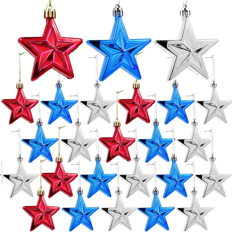 Photo 1 of 24pcs 4th of July Star Ornaments for Tree - Independence Day Star Hanging Ornaments Blue Red Mini Tree Ornaments for Independence Day Labor Day Christmas Tree Decor