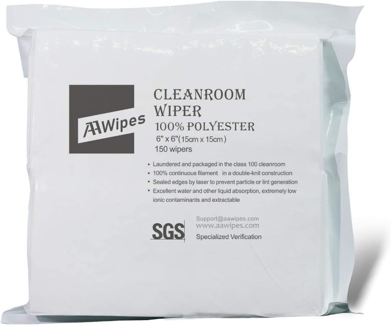 Photo 1 of AAWipes Cleanroom Cloth Wipes 6"x6" (Bag of 150 Pcs) Double Knit 100% Polyester Wipers Lint Free Cloths with Ultra-fine Filaments, Laser Sealed Edge, Class 100 Cloths, Ultra-soft Wipes