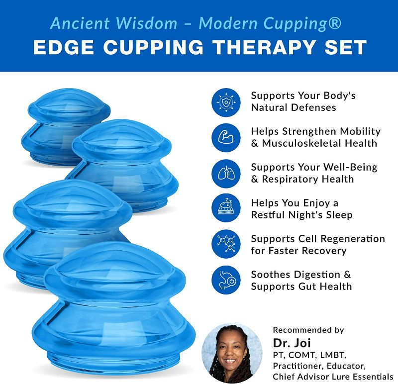 Photo 2 of LURE Essentials Edge Cupping Set – Ultra Clear Blue Silicone Cupping Therapy Set for Cellulite Reduction and Myofascial Release - Massage Therapists and Home Use (Set of 4, Blue)