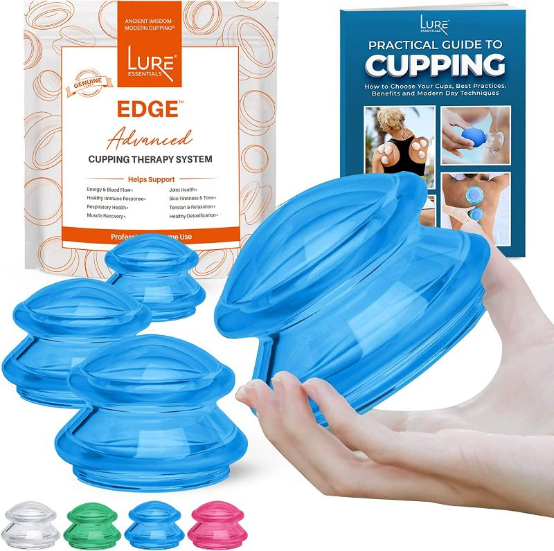 Photo 1 of LURE Essentials Edge Cupping Set – Ultra Clear Blue Silicone Cupping Therapy Set for Cellulite Reduction and Myofascial Release - Massage Therapists and Home Use (Set of 4, Blue)