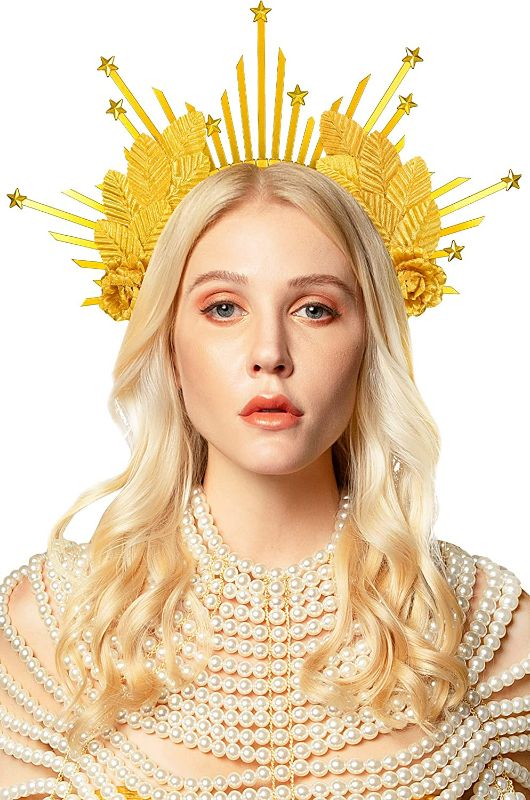 Photo 3 of Zivyes Star Goddess Crown Headpiece Gold Spikes Sunburst Crown Flower Celestial Crown Angel Halo Headband (3-Gold with gold flower)