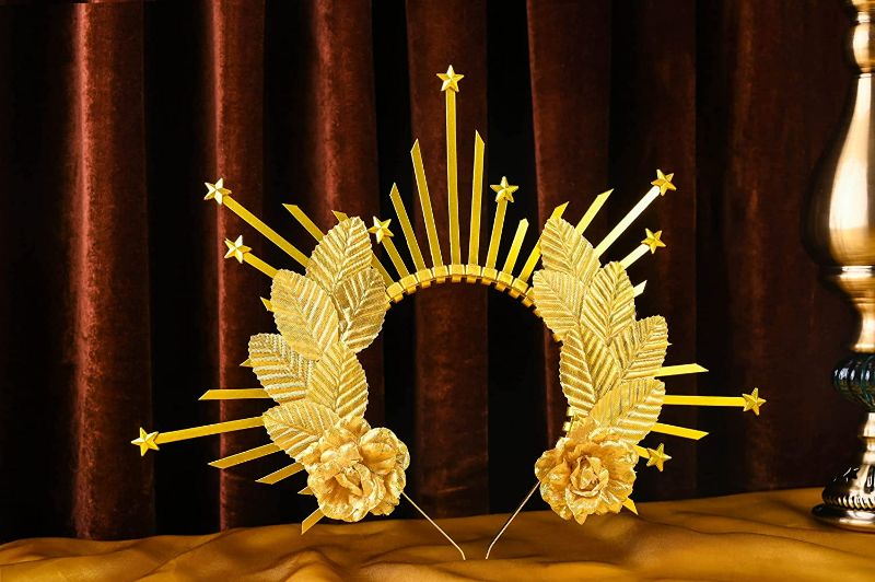 Photo 1 of Zivyes Star Goddess Crown Headpiece Gold Spikes Sunburst Crown Flower Celestial Crown Angel Halo Headband (3-Gold with gold flower)