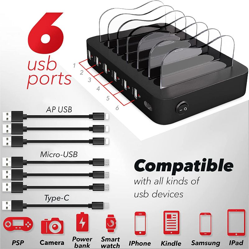 Photo 2 of Poweroni USB Charging Dock - 6-Port - Fast Charging Station for Multiple Devices Apple - Multi Device Charger Station - Compatible with Apple iPad iPhone and Android Cell Phone and Tablet