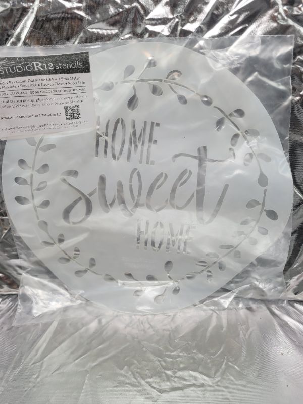 Photo 5 of Home Sweet Home Stencil with Laurel Wreath by StudioR12 | Reusable Mylar Template for Painting Wood Signs | Round Design | DIY Home Decor Country Farmhouse Style | Mixed Media | Select Size (12")