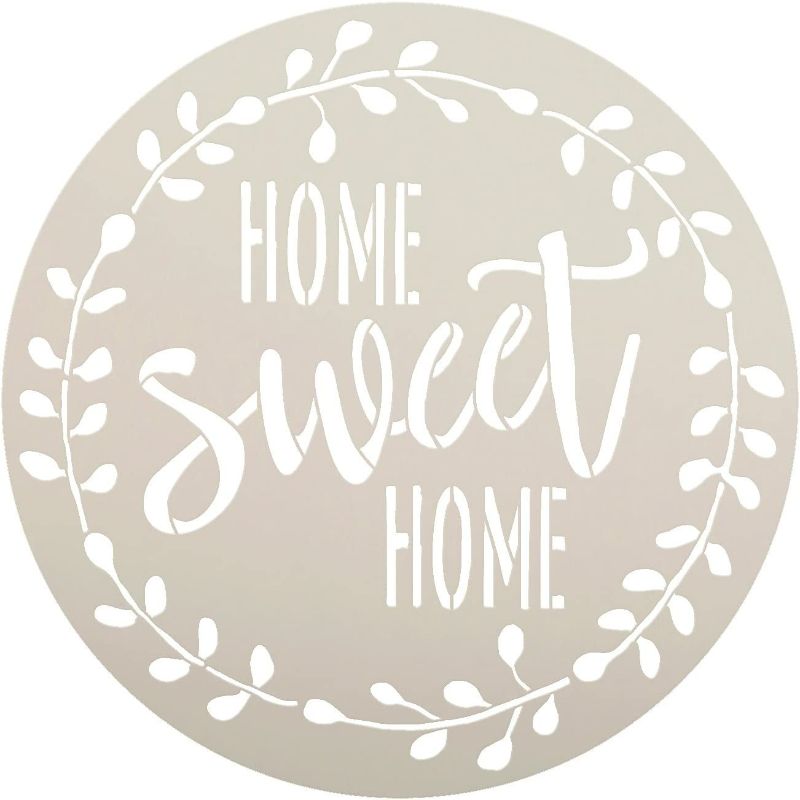 Photo 1 of Home Sweet Home Stencil with Laurel Wreath by StudioR12 | Reusable Mylar Template for Painting Wood Signs | Round Design | DIY Home Decor Country Farmhouse Style | Mixed Media | Select Size (12")