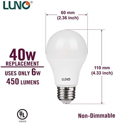 Photo 3 of LUNO A19 Non-Dimmable LED Bulb, 6.0W (40W Equivalent), 450 Lumens, 4000K (Neutral White), Medium Base (E26), UL Certified (8-Pack)