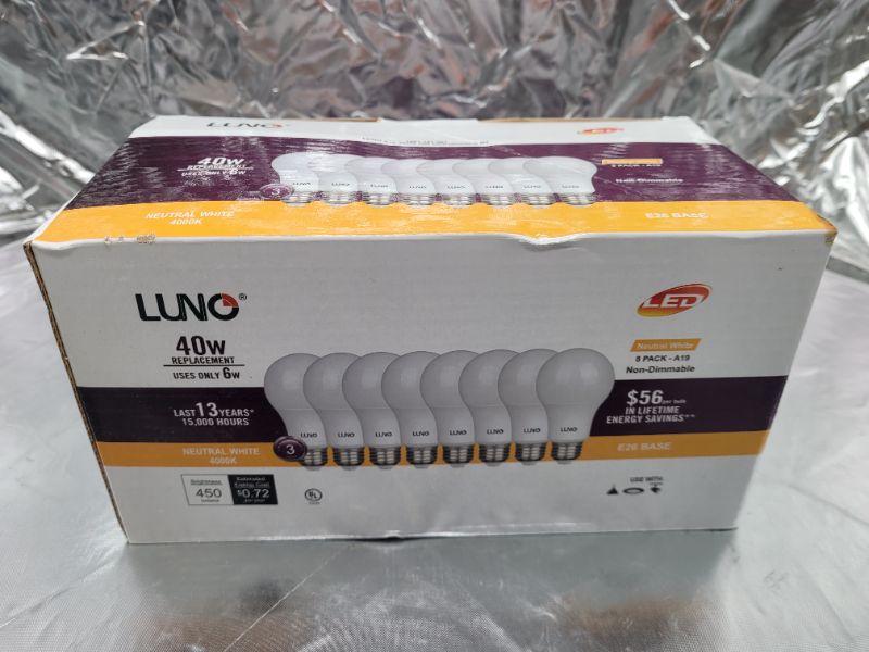Photo 5 of LUNO A19 Non-Dimmable LED Bulb, 6.0W (40W Equivalent), 450 Lumens, 4000K (Neutral White), Medium Base (E26), UL Certified (8-Pack)