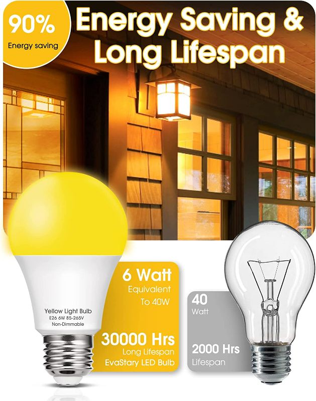 Photo 2 of (2 pack) 2 Pack 60W LED Yellow Bug Light Bulbs, A19 Amber Yellow LED Light Bulb, 700LM 8W LED Bulb 2000K Warm Lights, No Blue Sleep Aid Bulb, E26 Base, Outdoor Porch Bugs LED Lights 