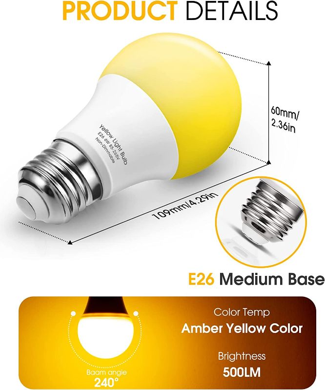 Photo 3 of (2 pack) 2 Pack 60W LED Yellow Bug Light Bulbs, A19 Amber Yellow LED Light Bulb, 700LM 8W LED Bulb 2000K Warm Lights, No Blue Sleep Aid Bulb, E26 Base, Outdoor Porch Bugs LED Lights 