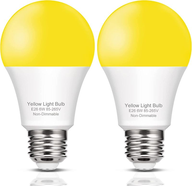 Photo 1 of (2 pack) 2 Pack 60W LED Yellow Bug Light Bulbs, A19 Amber Yellow LED Light Bulb, 700LM 8W LED Bulb 2000K Warm Lights, No Blue Sleep Aid Bulb, E26 Base, Outdoor Porch Bugs LED Lights 
