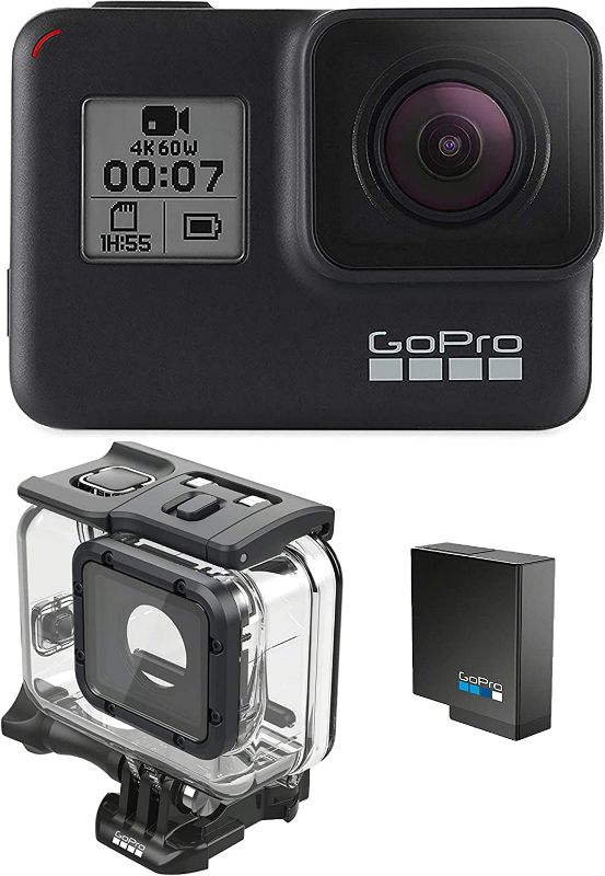 Photo 1 of GoPro HERO7 Black + Extra Battery + Super Suit Dive Housing Case - E-Commerce Packaging - Waterproof Digital Action Camera with Touch Screen 4K HD Video 12MP Photos Live Streaming Stabilization