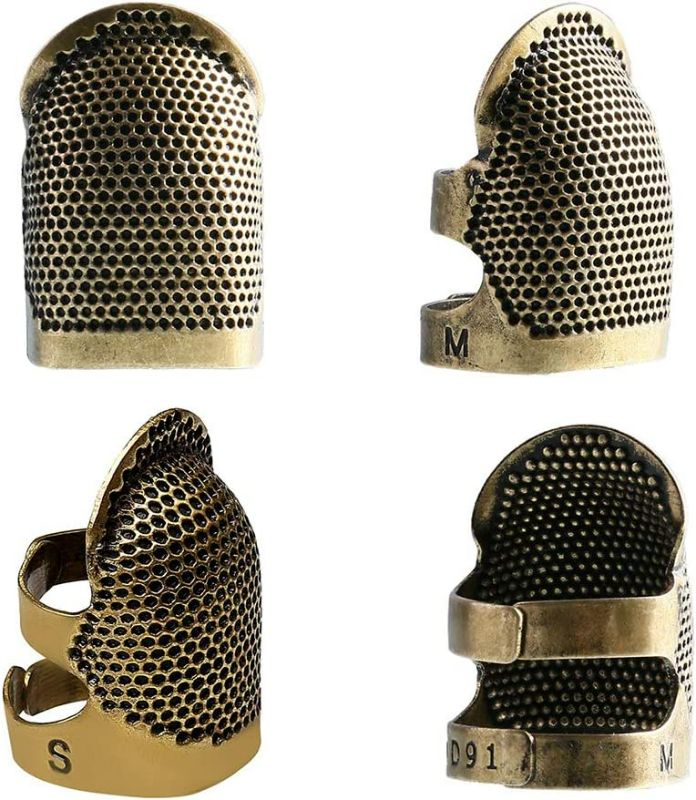 Photo 1 of Quadow 4 Pieces Sewing Thimble, Metal Copper Sewing Thimble Finger Protector Adjustable Finger Shield Ring Fingertip Thimble Sewing Quilting Craft Accessories DIY Sewing Tools(