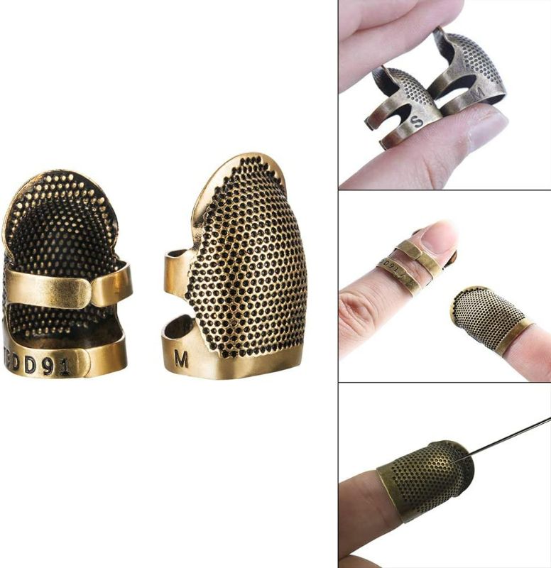 Photo 3 of Quadow 4 Pieces Sewing Thimble, Metal Copper Sewing Thimble Finger Protector Adjustable Finger Shield Ring Fingertip Thimble Sewing Quilting Craft Accessories DIY Sewing Tools(