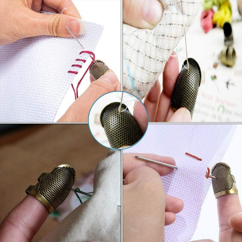 Photo 4 of Quadow 4 Pieces Sewing Thimble, Metal Copper Sewing Thimble Finger Protector Adjustable Finger Shield Ring Fingertip Thimble Sewing Quilting Craft Accessories DIY Sewing Tools(