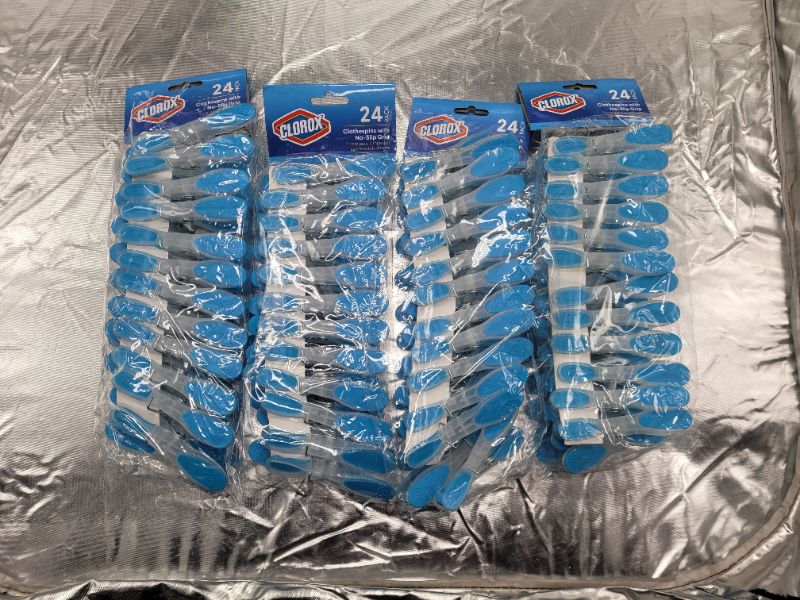 Photo 2 of (4 pack) Clorox Plastic Non-Slip Clothespins – Pack of 24 | Soft Touch Rubber Grip Ends | Wide Open Sturdy Clips for Line Drying Laundry and Securing Snack Bags, 24 Pack, Blue White