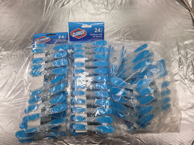 Photo 2 of (3 pack) Clorox Plastic Non-Slip Clothespins – Pack of 24 | Soft Touch Rubber Grip Ends | Wide Open Sturdy Clips for Line Drying Laundry and Securing Snack Bags, 24 Pack, Blue White