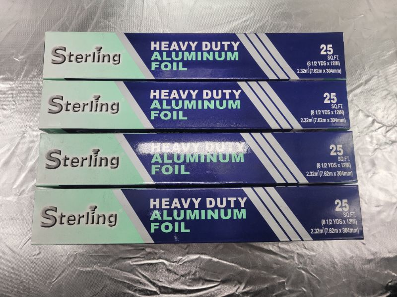 Photo 1 of (4 pack) STERLING 25 sq ft Heavy Duty Aluminum Foil Roll, 8 1/2 yds X 12 in For Cooking, Freezing, Wrapping, Storing