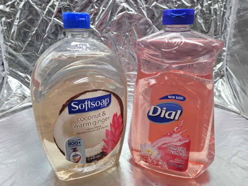 Photo 1 of (2 pack) 1 Softsoap Coconut & Warm Ginger Scent and 1 Dial Himalayan Pink Salt & Water Lily Liquid Hand Soap Refills 50 oz.