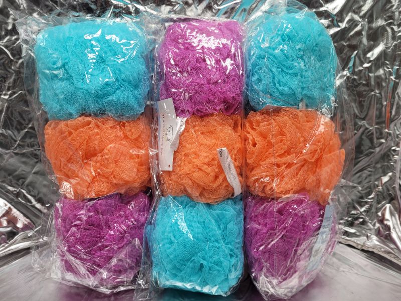 Photo 2 of (9 pcs)The Bath Collection Exfoliating Body Sponge Full Bodied Loofah Scrub Puff -3 blue, 3 orange, 3 purple