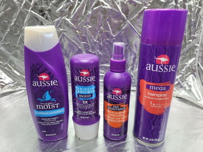 Photo 5 of Aussie Hair Care Bundle: Mega Aerosol Hairspray 14 Oz, 3 Minute Miracle Conditioner 8 Oz, Hair Insurance Leave-In Conditioner 8 oz, Moist Conditioner 13.5 oz,