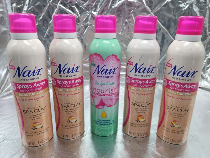 Photo 2 of 4 PACK Nair Hair Remover Sprays Away Bundle: Nourish Legs Body with Japanese Cherry Blossom | 4 Count Moisturizing Spray Brazilian Spa Clay Hair Remover Mango Butter & Acai Berry 7.5 oz. Can