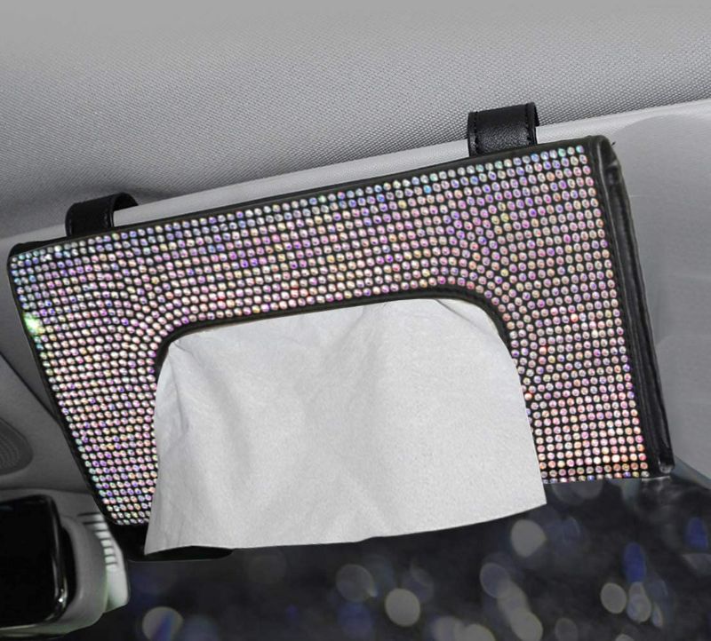 Photo 3 of Dotesy Sparkling Bling Car Visor Tissue Holder Leather Crystals Paper Towel Cover Case for Women (Color)