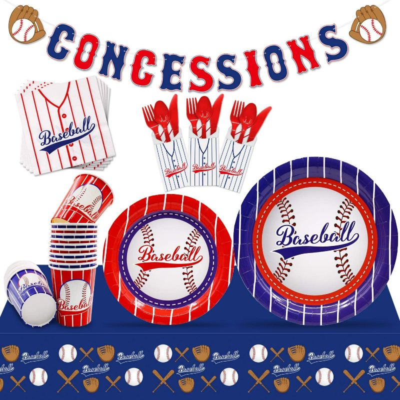 Photo 1 of Baseball Party Supplies Baseball Party Tableware Kit 162 Pcs Concessions Banner Tablecloth Plates Cups Napkins for Sports Theme Birthday Party Decorations Serves 20