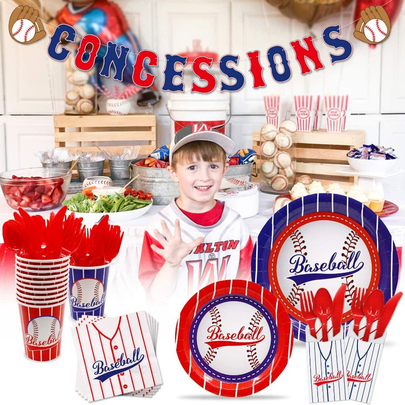 Photo 2 of Baseball Party Supplies Baseball Party Tableware Kit 162 Pcs Concessions Banner Tablecloth Plates Cups Napkins for Sports Theme Birthday Party Decorations Serves 20