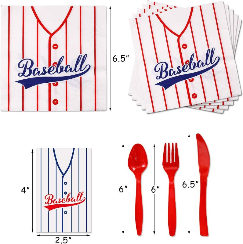 Photo 3 of Baseball Party Supplies Baseball Party Tableware Kit 162 Pcs Concessions Banner Tablecloth Plates Cups Napkins for Sports Theme Birthday Party Decorations Serves 20