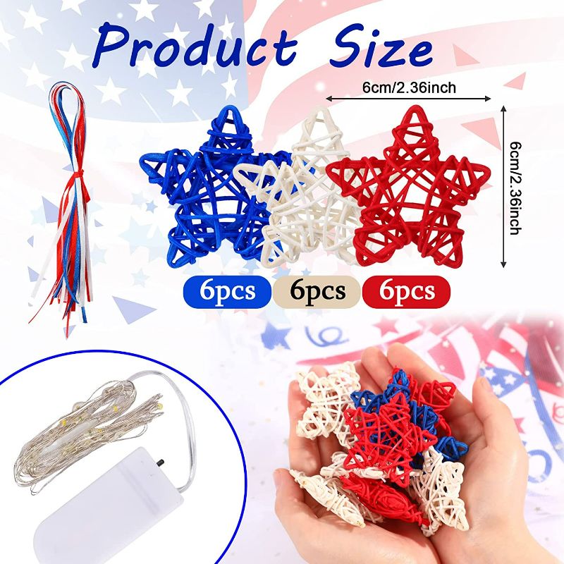 Photo 2 of NOVWANG 18 Pcs 4th of July Star Shaped Rattan Wicker Balls Decoration and Hemp Rope, 2.36 Inch Red Blue White Stars Natural Wicker Balls for Vase Filler Home Decor Table Tree Decorations