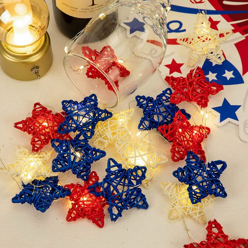 Photo 3 of NOVWANG 18 Pcs 4th of July Star Shaped Rattan Wicker Balls Decoration and Hemp Rope, 2.36 Inch Red Blue White Stars Natural Wicker Balls for Vase Filler Home Decor Table Tree Decorations
