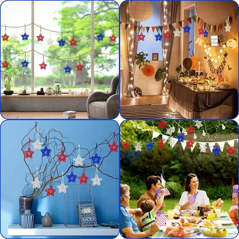 Photo 4 of NOVWANG 18 Pcs 4th of July Star Shaped Rattan Wicker Balls Decoration and Hemp Rope, 2.36 Inch Red Blue White Stars Natural Wicker Balls for Vase Filler Home Decor Table Tree Decorations