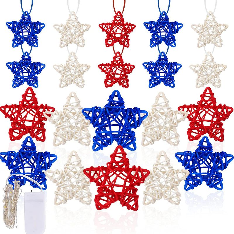 Photo 1 of NOVWANG 18 Pcs 4th of July Star Shaped Rattan Wicker Balls Decoration and Hemp Rope, 2.36 Inch Red Blue White Stars Natural Wicker Balls for Vase Filler Home Decor Table Tree Decorations