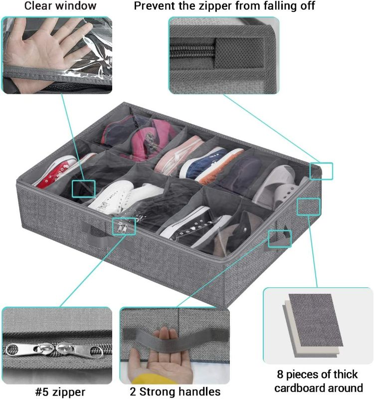 Photo 3 of Under Bed Shoe Storage Organizer,Closet Shoes Storage Boxes Bin Container (2 Pack Fits 24 Pairs) with Clear Cover and Reinforced Handle for Sneakers,Clothes, Toys, Gray with Printing