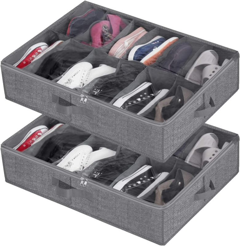 Photo 1 of Under Bed Shoe Storage Organizer,Closet Shoes Storage Boxes Bin Container (2 Pack Fits 24 Pairs) with Clear Cover and Reinforced Handle for Sneakers,Clothes, Toys, Gray with Printing